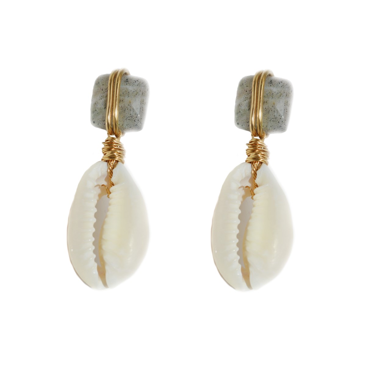 Boucles  d'oreilles perles labradorite et cauris- Gold filled