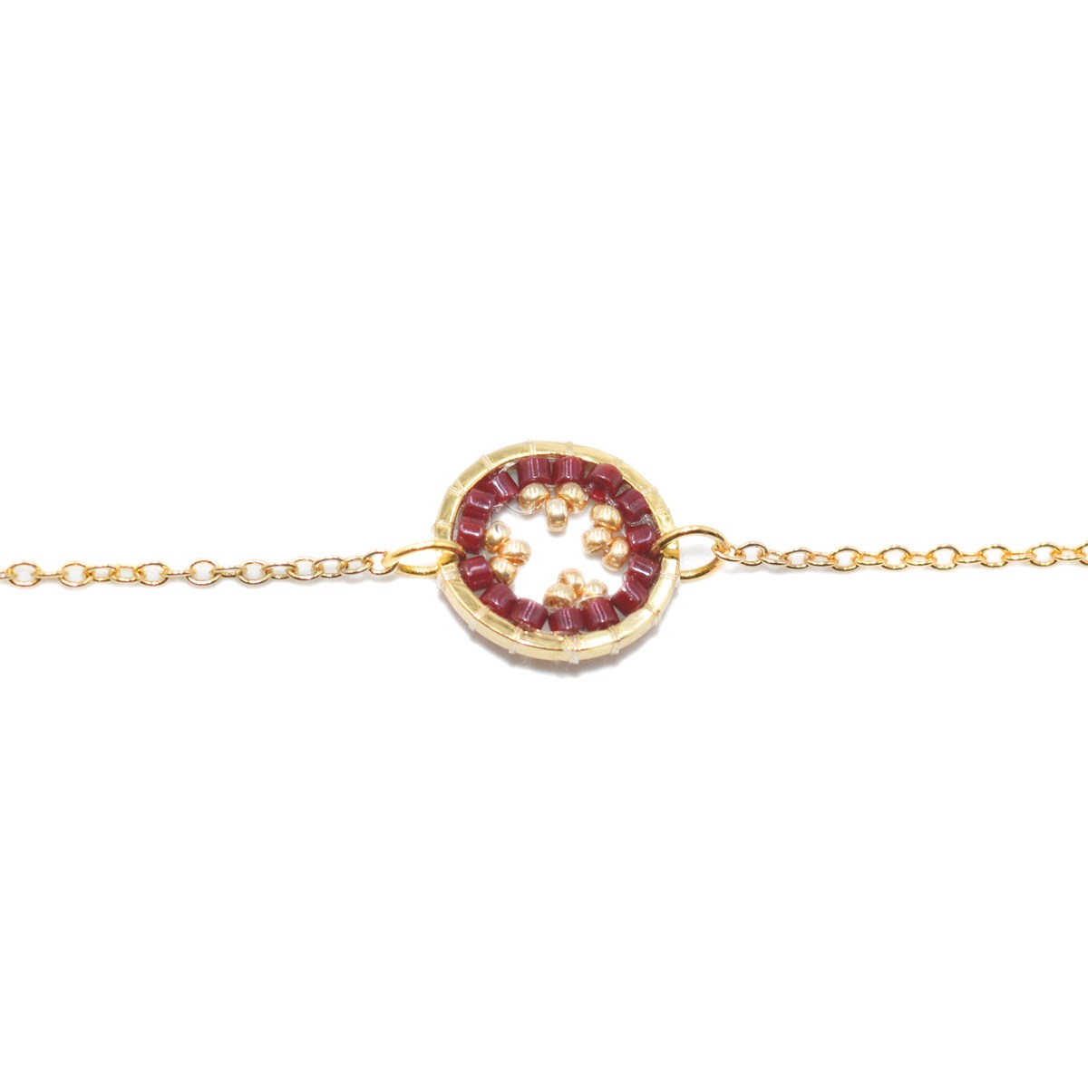 Bracelet  avec anneau tissé de perles miyuki bordeaux-Doré à l'or fin