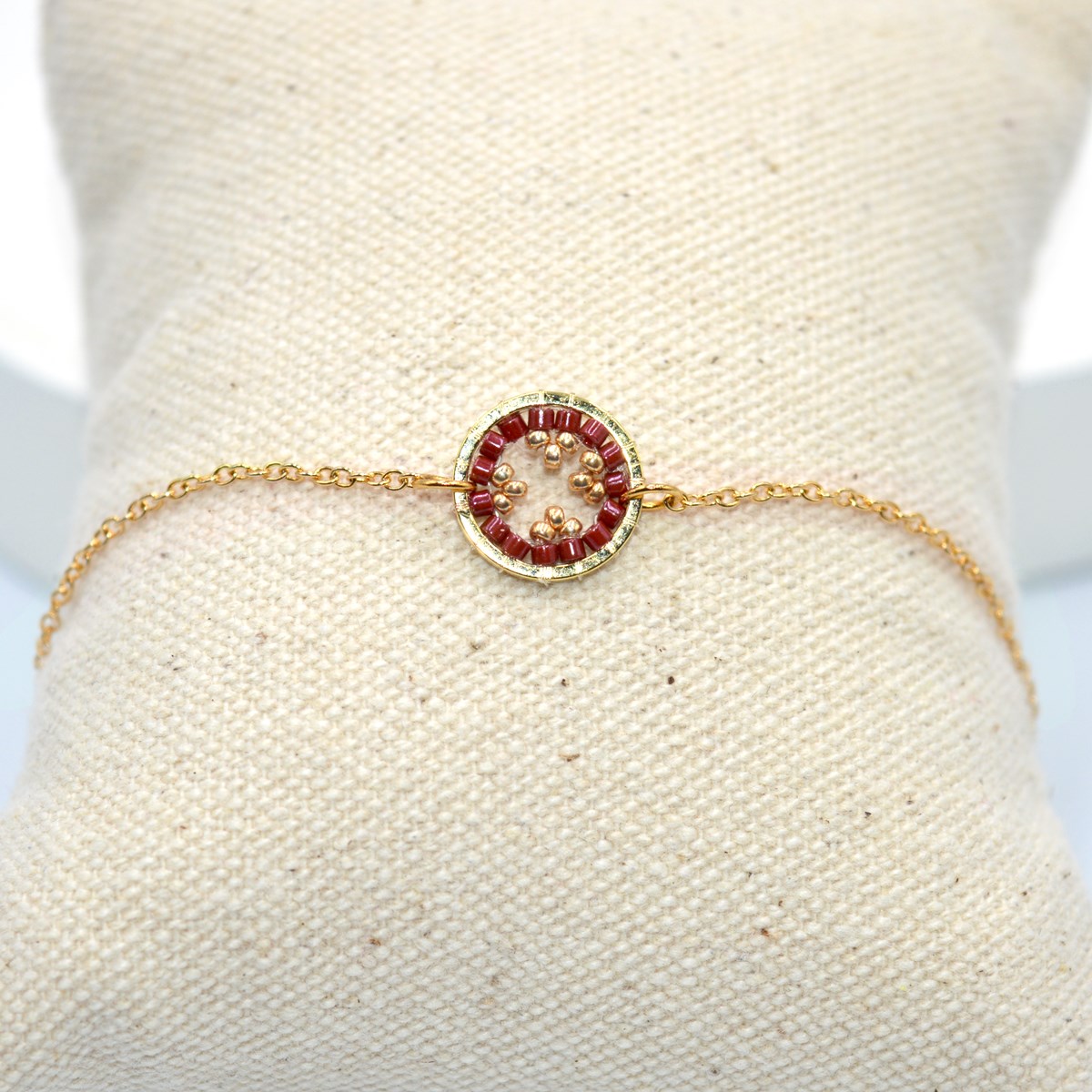 Bracelet  avec anneau tissé de perles miyuki bordeaux-Doré à l'or fin - vue 3