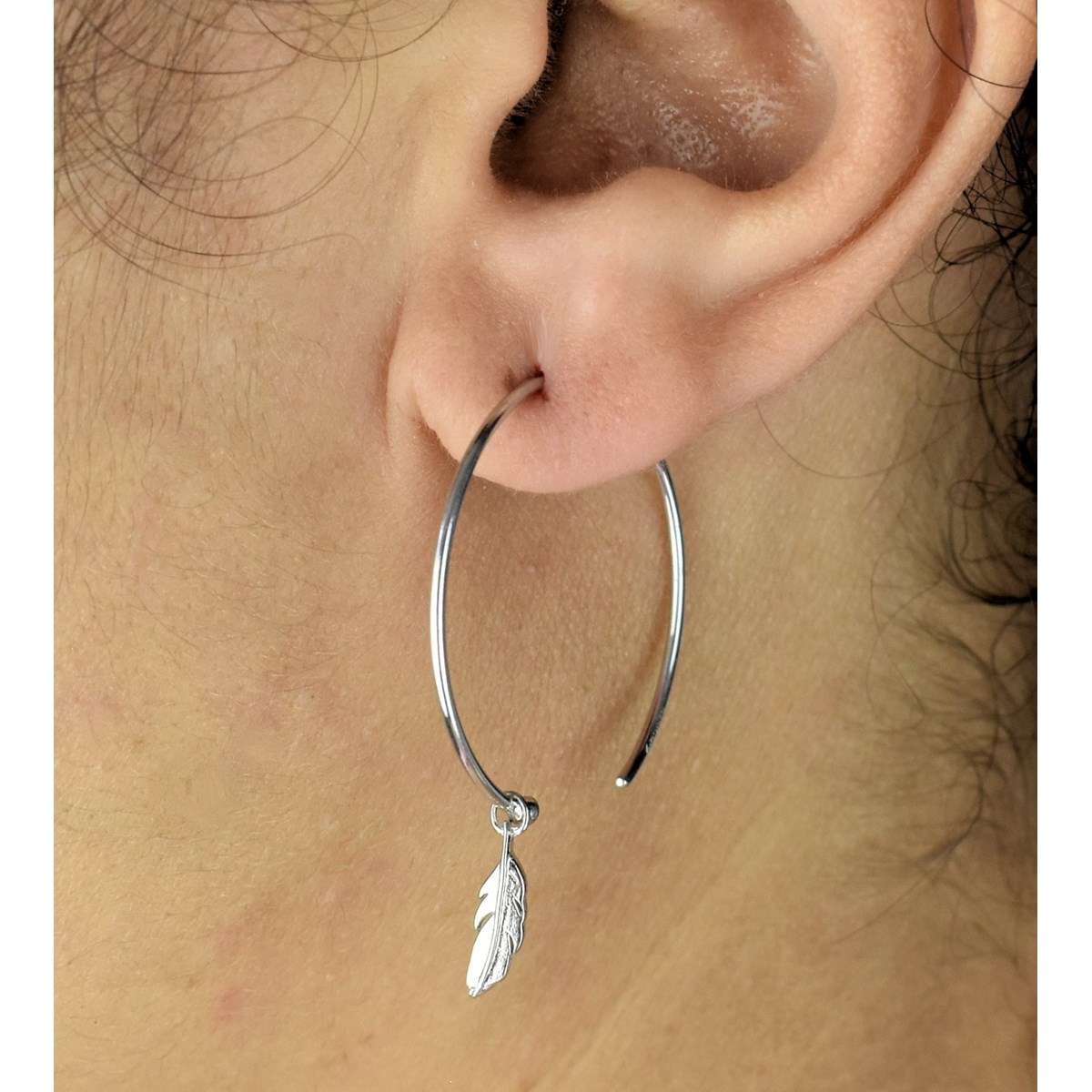 Boucles d'oreilles créoles plume pendante Argent 925 Rhodié - vue 2