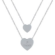 Collier Double Chaine Argent Rhodié Coeur de Strass et Coeur Gravé Je T'Aime
