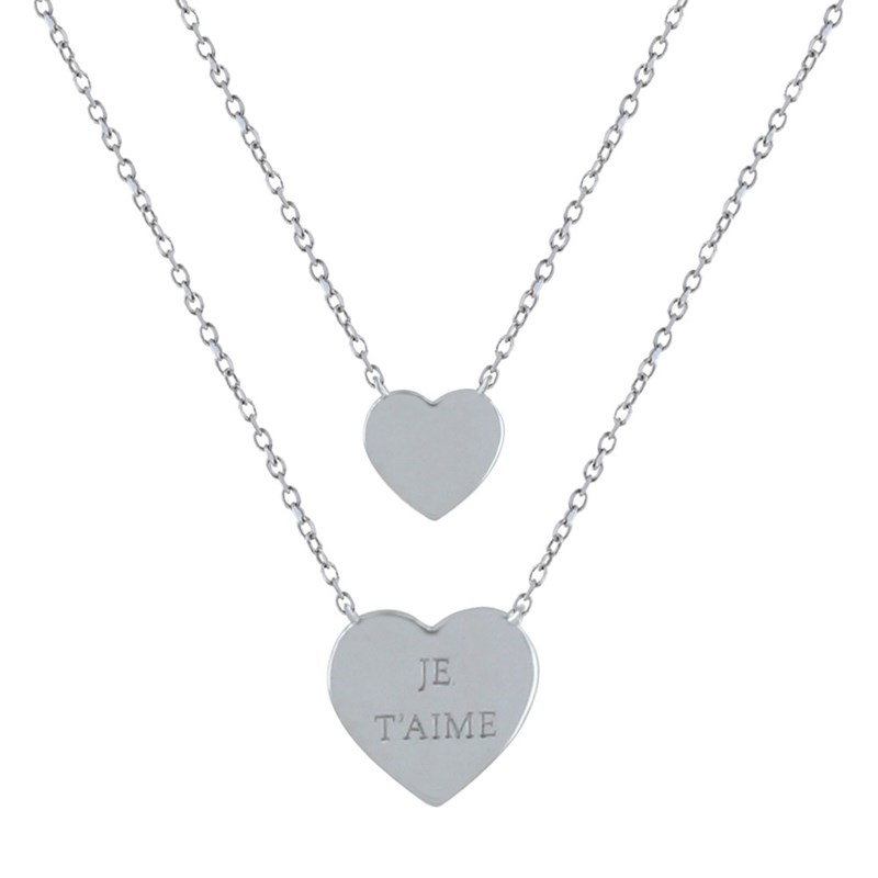 Collier Double Chaine Argent 925 Rhodié Coeur de Strass et Coeur Gravé Je T'Aime