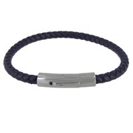 Bracelet Homme Cuir Tréssé Rond Fermoir Acier Inoxydable - Classics - Bleu Navy