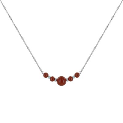 Collier Chaine Argent Rhodié Cinq Perles de Jaspe Rouge et Deux Anneaux Facettés de Larimar - vue V1