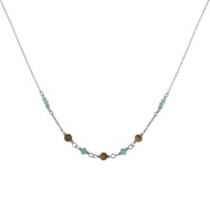 Collier Chaine Argent Rhodié Trois Perles de Jaspe Picasso et Huit Anneaux Facettés de Larimar
