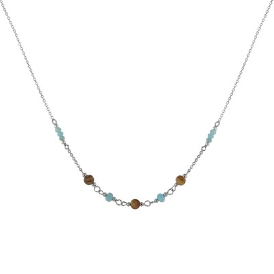 Collier Chaine Argent Rhodié Trois Perles de Jaspe Picasso et Huit Anneaux Facettés de Larimar - vue V1