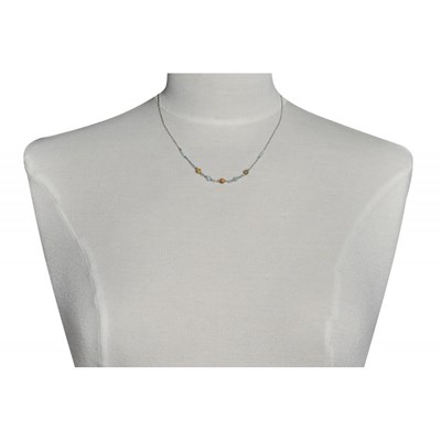 Collier Chaine Argent Rhodié Trois Perles de Jaspe Picasso et Huit Anneaux Facettés de Larimar - vue V2