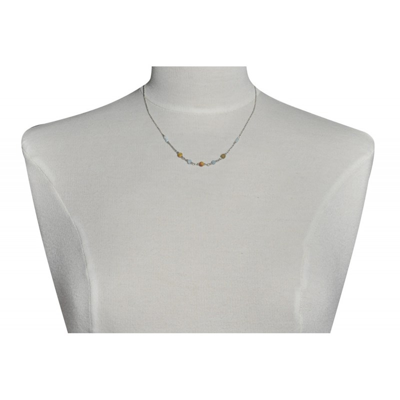 Collier Chaine Argent Rhodié Trois Perles de Jaspe Picasso et Huit Anneaux Facettés de Larimar - vue V2