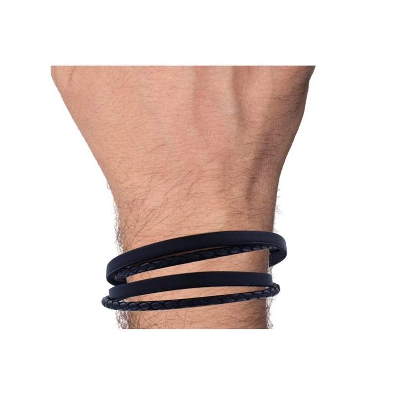 Bracelet Homme Cuir Deux Liens Plat et Tréssé Rond - Classics - Bleu Navy - vue 2