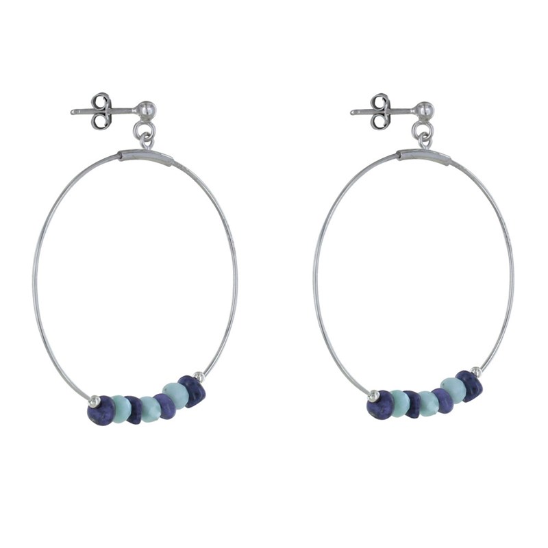 Boucles d'Oreilles Argent 925 Rhodié Créoles Anneaux Facettés de Larimar et Pépites de Lapis Lazuli - vue 3