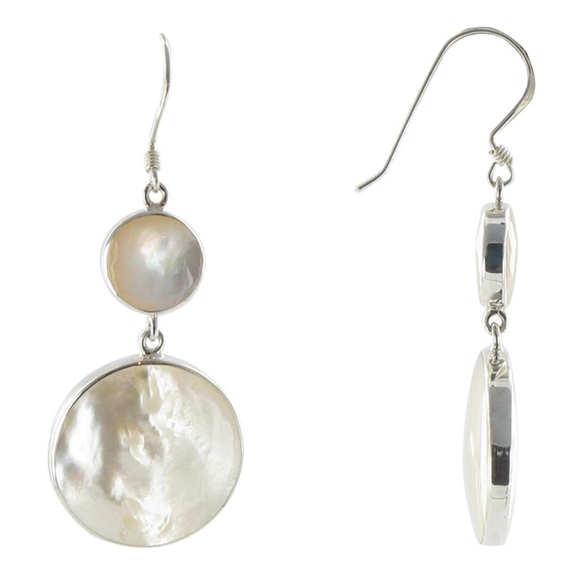 V Boucles d'Oreilles Argent Grosse et Petite Pastilles de Nacre Blanches