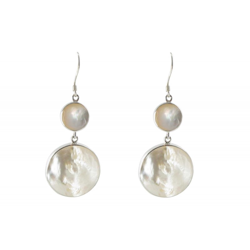 V Boucles d'Oreilles Argent Grosse et Petite Pastilles de Nacre Blanches - vue 3