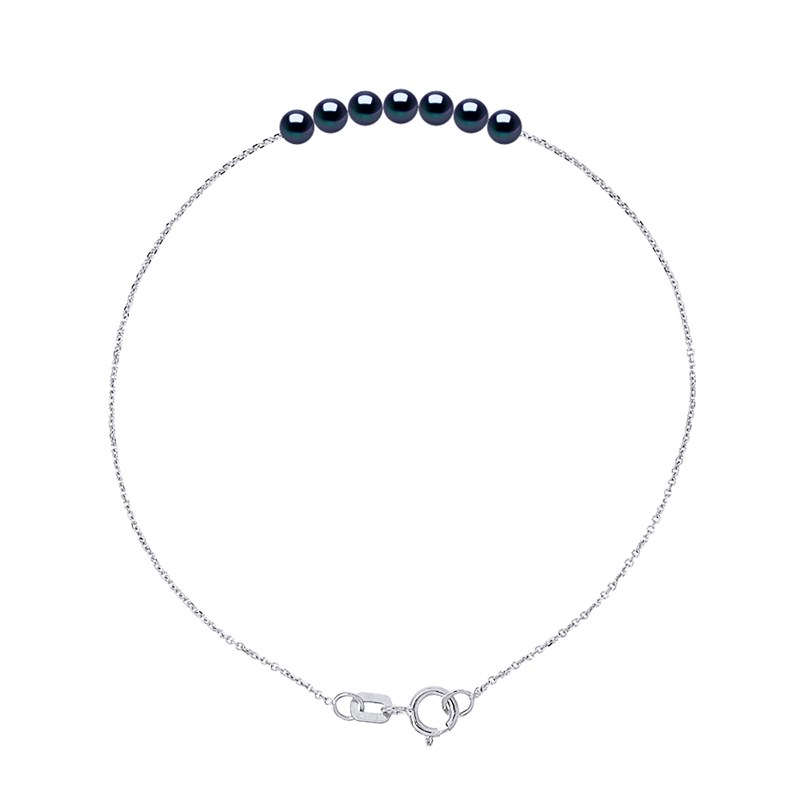 Bracelet TRINITE 7 Perles d'Eau Douce Rondes 3-4 mm Noires Chaîne Forçat Or Blanc