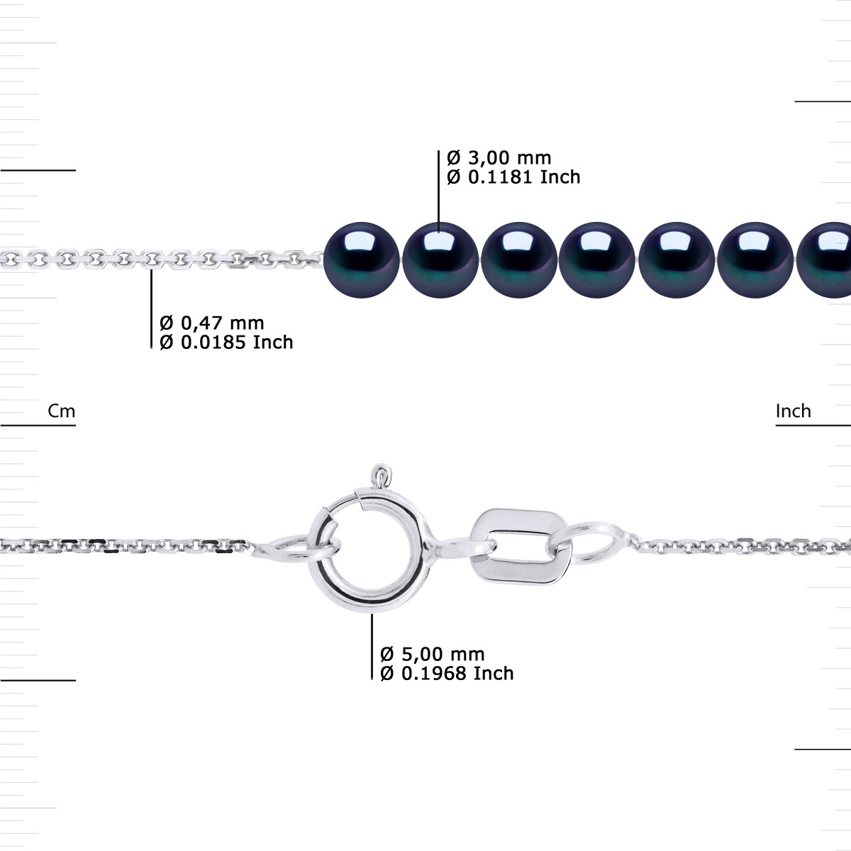 Bracelet TRINITE 7 Perles d'Eau Douce Rondes 3-4 mm Noires Chaîne Forçat Or Blanc - vue 3