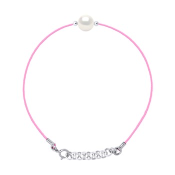 Bracelet LOVE LINK Perle d'Eau Douce Ronde 9-10 mm Blanche Lien Nylon Rose Argent 925