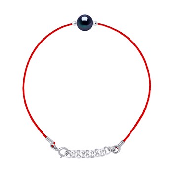 Bracelet LOVE LINK Perle d'Eau Douce Ronde 9-10 mm Noire Lien Nylon Rouge Argent 925