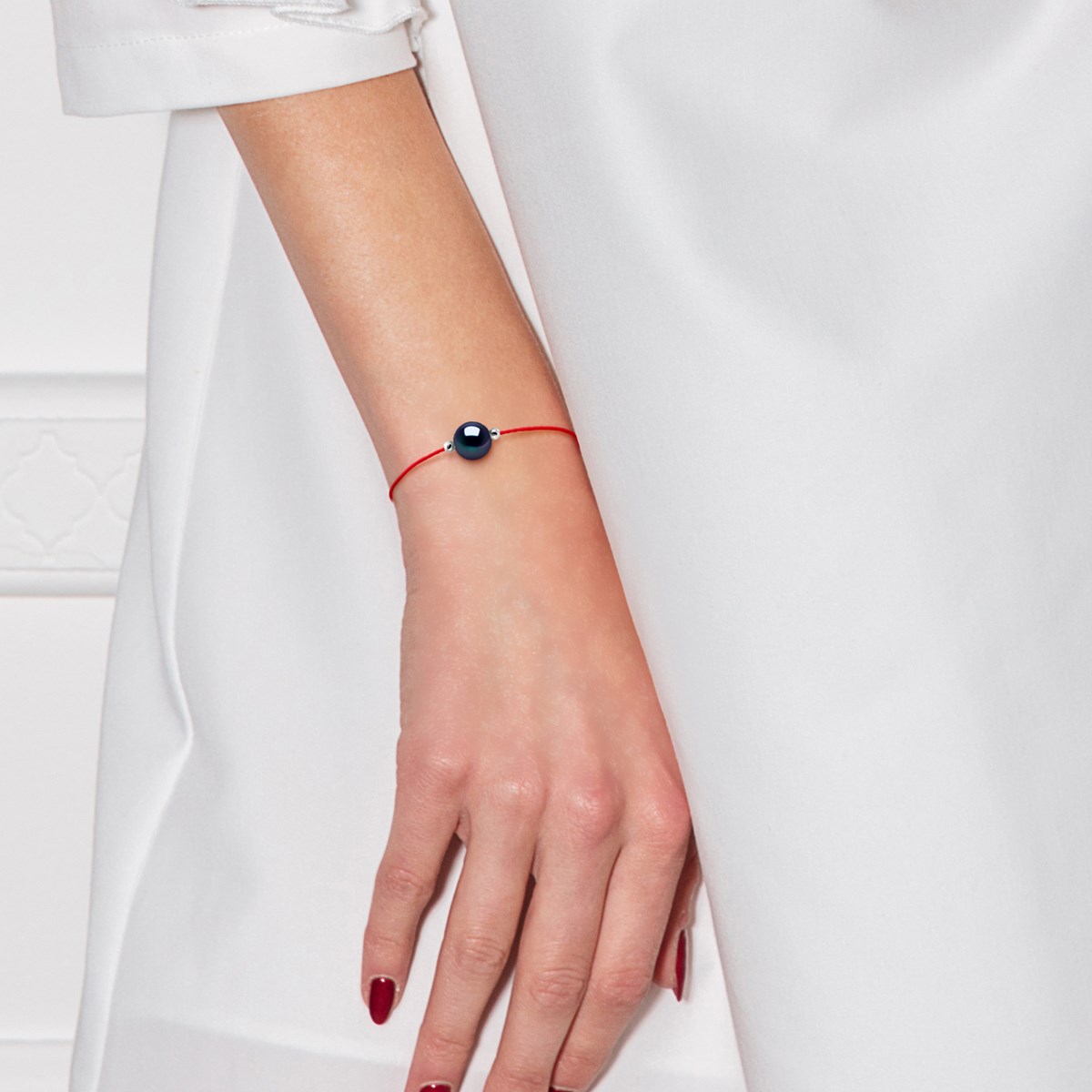 Bracelet LOVE LINK Perle d'Eau Douce Ronde 9-10 mm Noire Lien Nylon Rouge Argent 925 - vue 4