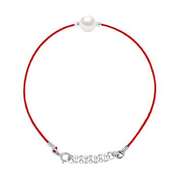 Bracelet LOVE LINK Perle d'Eau Douce Ronde 9-10 mm Blanche Lien Nylon Rouge Argent 925