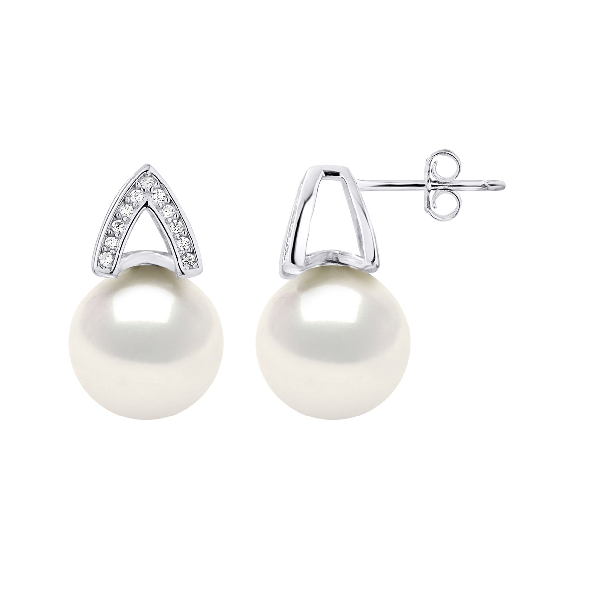 Boucles d'Oreilles en V - Perles blanches - Oxyde de zirconium - Argent 925