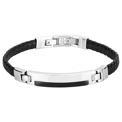 Bracelet Cuir Noir Tréssé - Plaque Acier et Ceramique Phebus | MATY