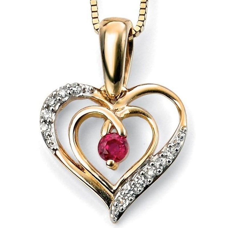 Collier coeur rubis - diamant -  Chaine en Or 375 de 41cm - Pendentif en Or 375/1000 carats