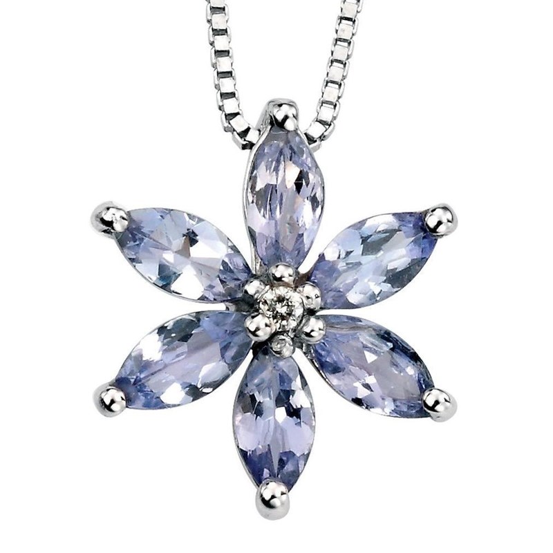 Collier fleur tanzanite - diamant -  Chaine en Or 375 de 41cm - Pendentif en Or 375/1000