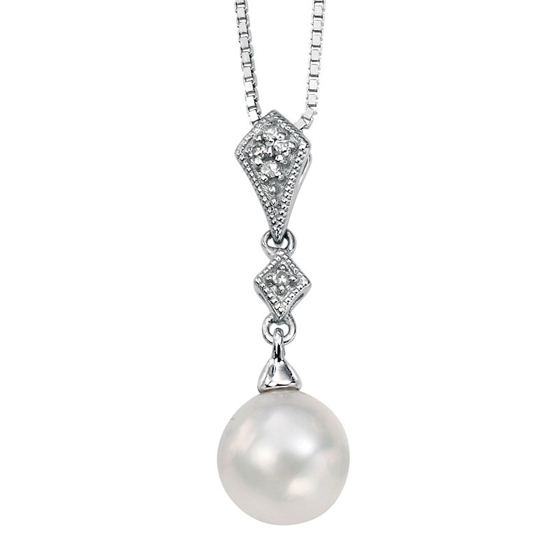 Collier perle - diamant -  Chaine en Or 375 de 41cm - Pendentif en Or blanc 375/1000