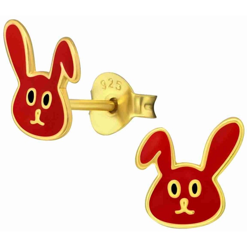 Boucle d'oreille petite lapin rouge doré en argent 925/1000