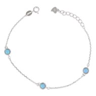 Bracelet Argent rhodié 3 pierres opale bleue imitation et chaîne maille forçat longueur réglable 16cm+3cm