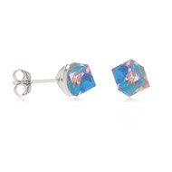 Boucles d'oreille argent rhodié cube cristal aurore boréal reflet bleu facetté 5MM