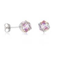Boucles d'oreille argent rhodié cube cristal aurore boréal reflet vert 5MM