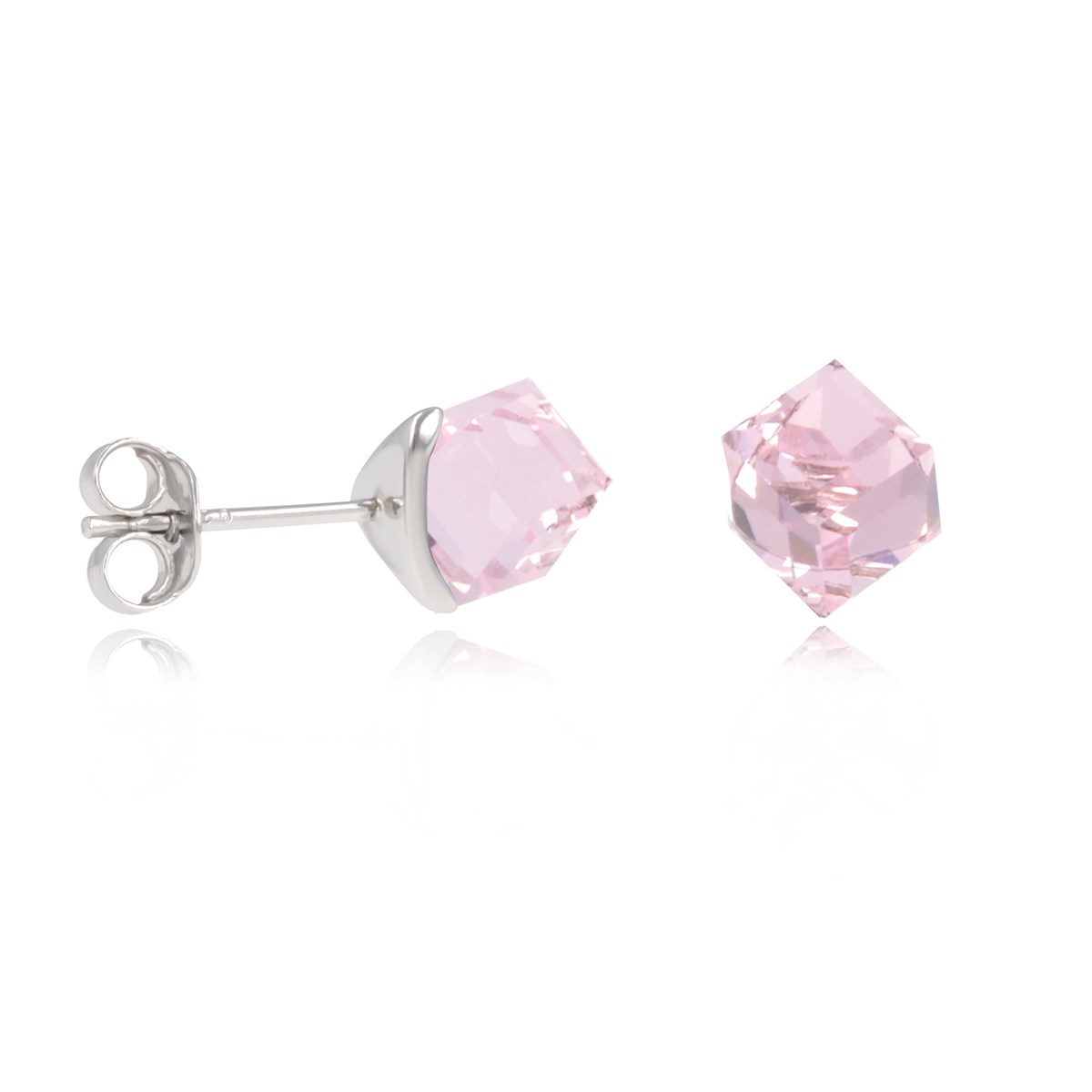 Boucles d'oreille argent rhodié cube cristal rose facetté 5MM