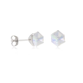 Boucles d'oreille argent rhodié cube cristal aurore boréal blanc facetté 4MM