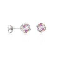 Boucles d'oreille argent rhodié cube cristal aurore boréal reflet vert facetté 4MM