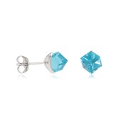 Boucles d'oreille argent rhodié cube cristal bleu ciel facetté 4MM