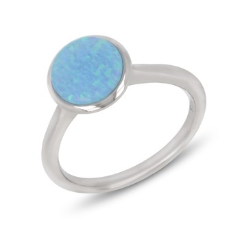 Bague argent rhodié cabochon d'opale bleue imitation forme ronde