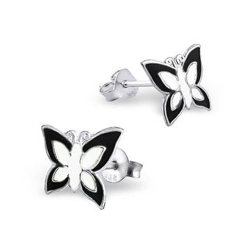 Boucle d'oreille papillon noir et blanc en argent 925/1000