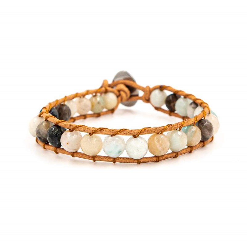Bracelet AMAZ en pierres naturelles d'Amazonite et cuir véritable - vue V1