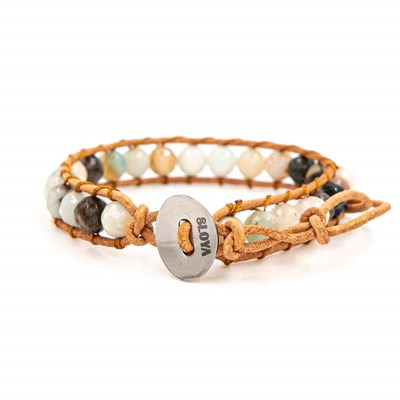 Bracelet AMAZ en pierres naturelles d'Amazonite et cuir véritable - vue V2