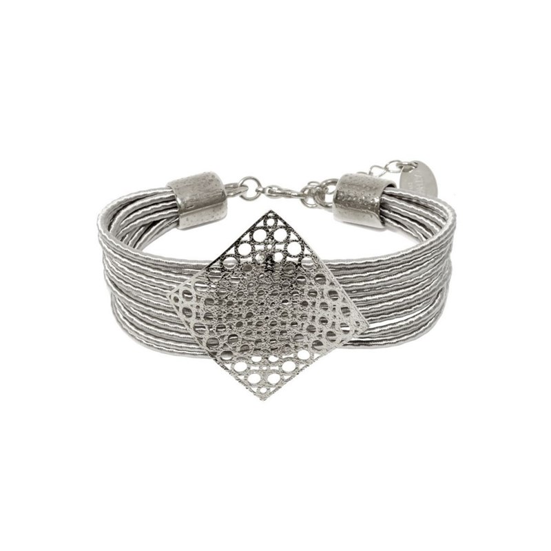 Bracelet souple en plaqué argent avec cordons et métal géométrique - Bijou de créateur