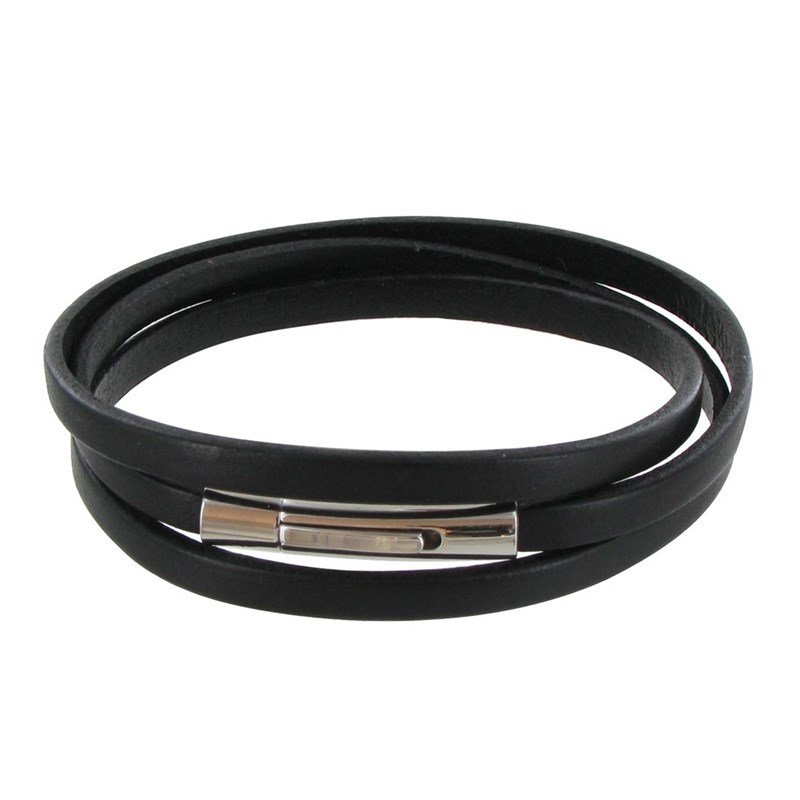 Bracelet Homme Cuir Noir Plat Fermoir Acier Inoxydable - taille 19 cm