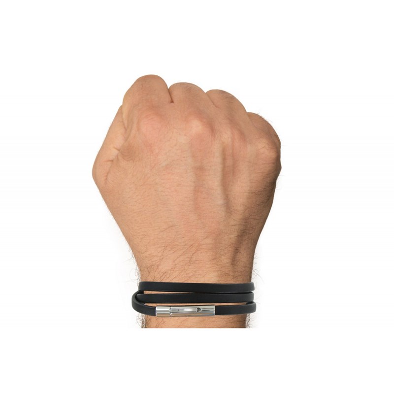 Bracelet Homme Cuir Noir Plat Fermoir Acier Inoxydable - taille 19 cm - vue 2