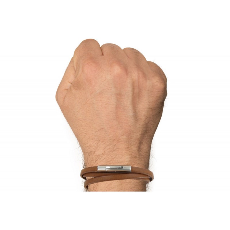 Bracelet Homme Cuir Marron Clair Plat Fermoir Acier Inoxydable - taille 19 cm - vue 2