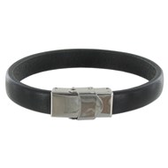 Bracelet Homme Cuir Noir Large Fermoir Acier Inoxydable - taille 21 cm