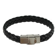 Bracelet Homme Cuir Noir Tréssé Plat Fermoir Acier Inoxydable - taille 21 cm