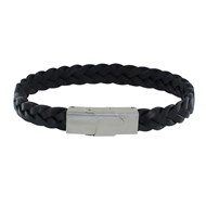 Bracelet Homme Cuir Noir Tréssé Plat Fermoir Acier Inoxydable - taille 23 cm