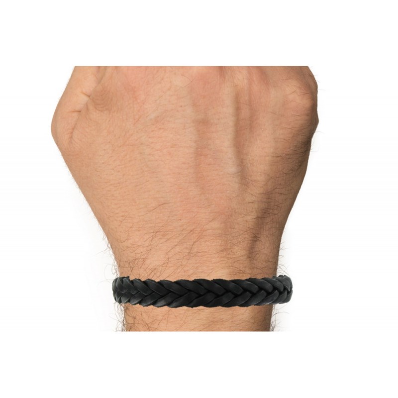 Bracelet Homme Cuir Noir Tréssé Plat Fermoir Acier Inoxydable - taille 21 cm - vue 2