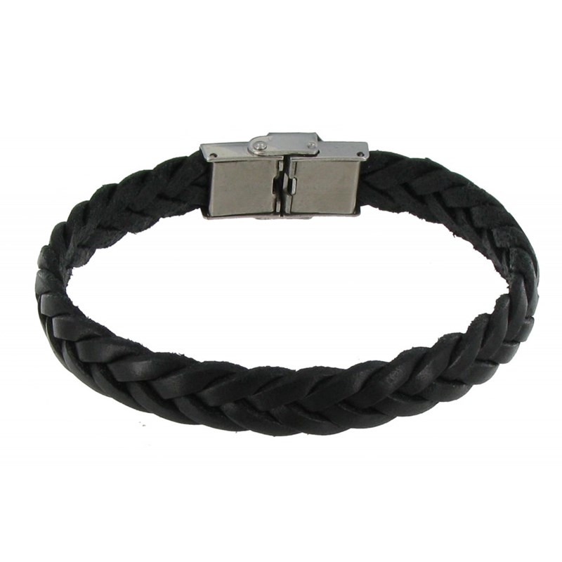 Bracelet Homme Cuir Noir Tréssé Plat Fermoir Acier Inoxydable - taille 21 cm - vue 3