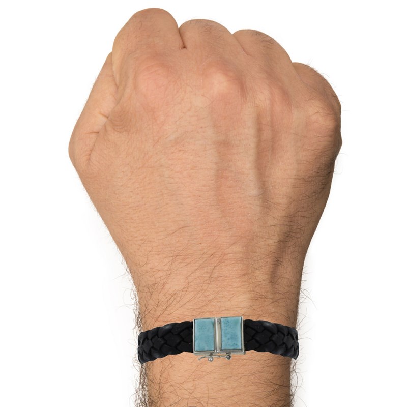 Bracelet Homme Tresse Cuir Noir et Deux Rectangles de Larimar - taille 19 cm - vue 2