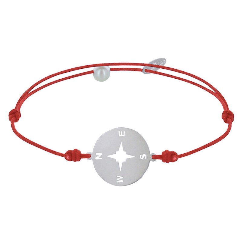 Bracelet Lien Médaille Argent Ronde Rose des Vents - Rouge